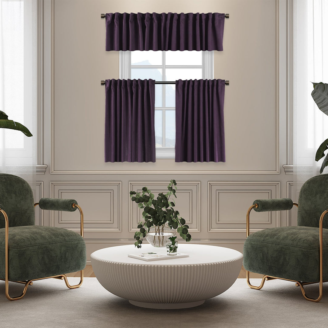 A made to measure kitchen valance in deep purple velour, featuring a soft lightweight surface and crisp structured edges for a rich premium look