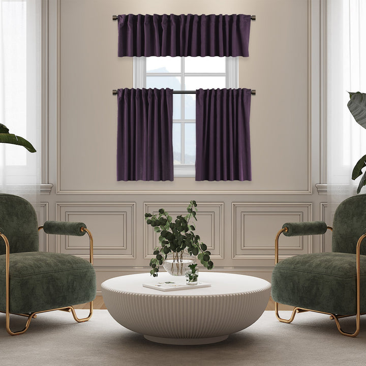 A made to measure kitchen valance in deep purple velour, featuring a soft lightweight surface and crisp structured edges for a rich premium look