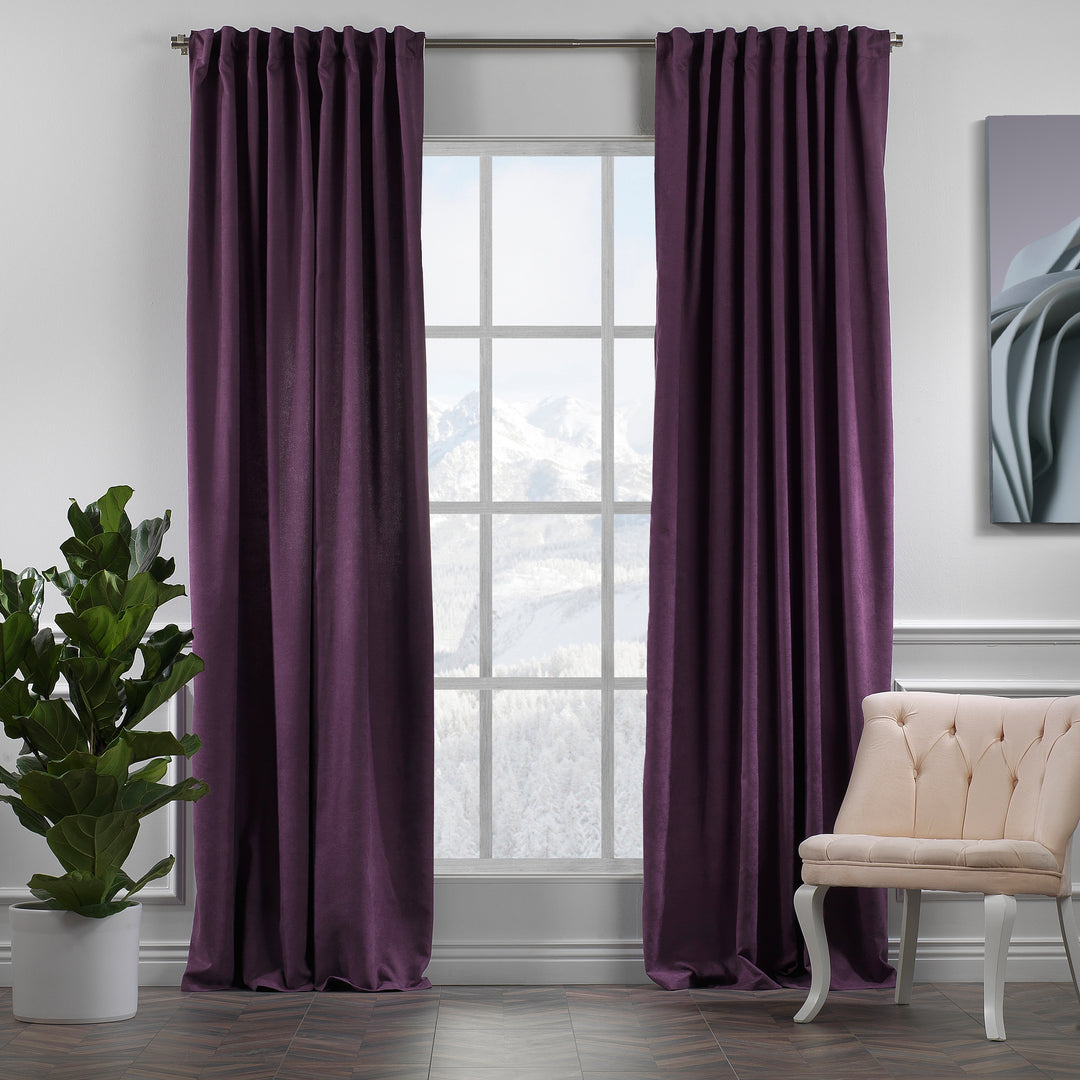 Soft purple velour curtains shown in daylight, highlighting smooth pile texture, rich tone and elegant made‑to‑measure drape.