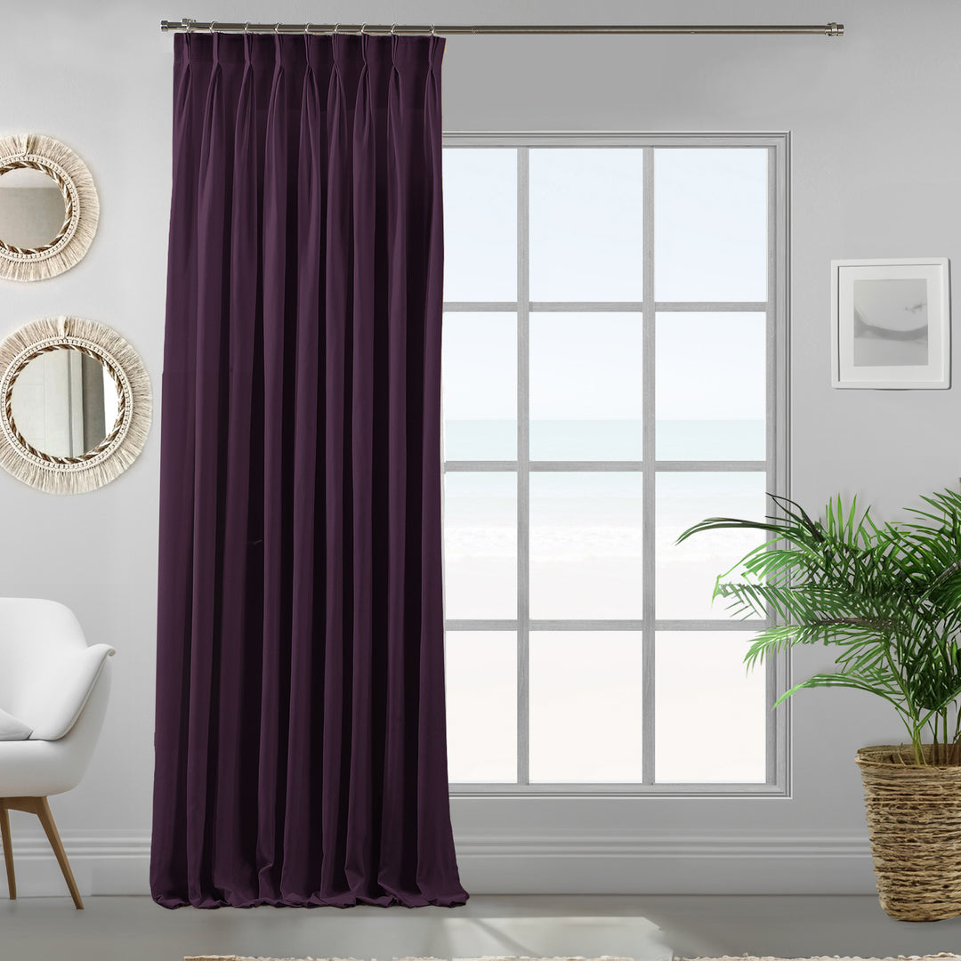 Single soft purple velour curtain panel showing dense weave, smooth pile and refined tailored fall.