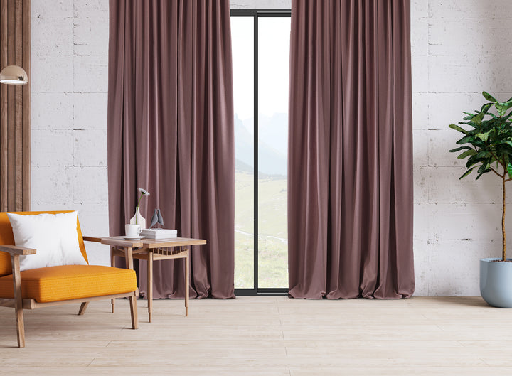 An extra‑long wide linen‑look door curtain in rose pink, highlighting the subtle weave, smooth fall and refined pastel finish