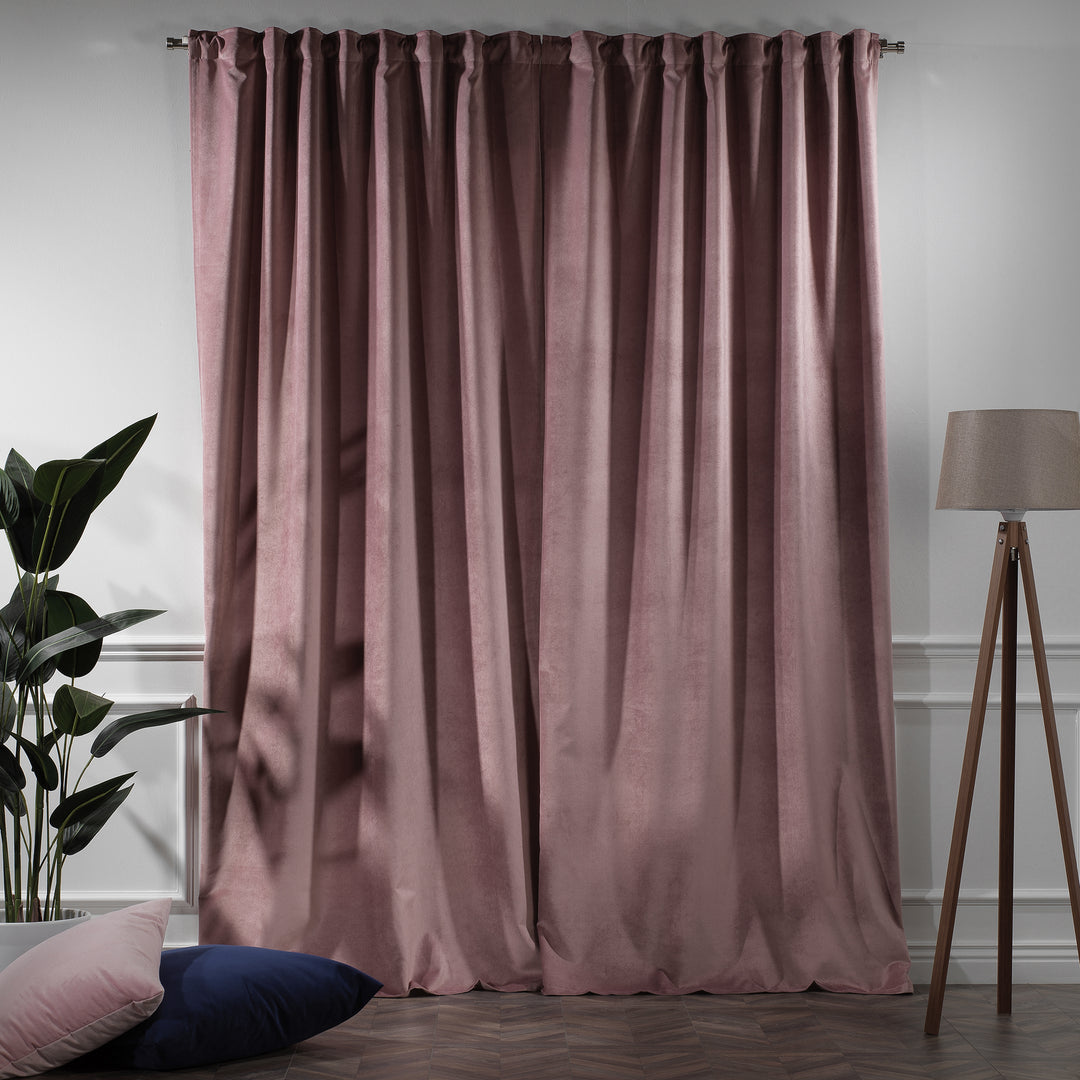 Raspberry matte velvet extra‑long extra‑wide made‑to‑measure curtain, soft matte texture, premium drape, full-length fabric detail.