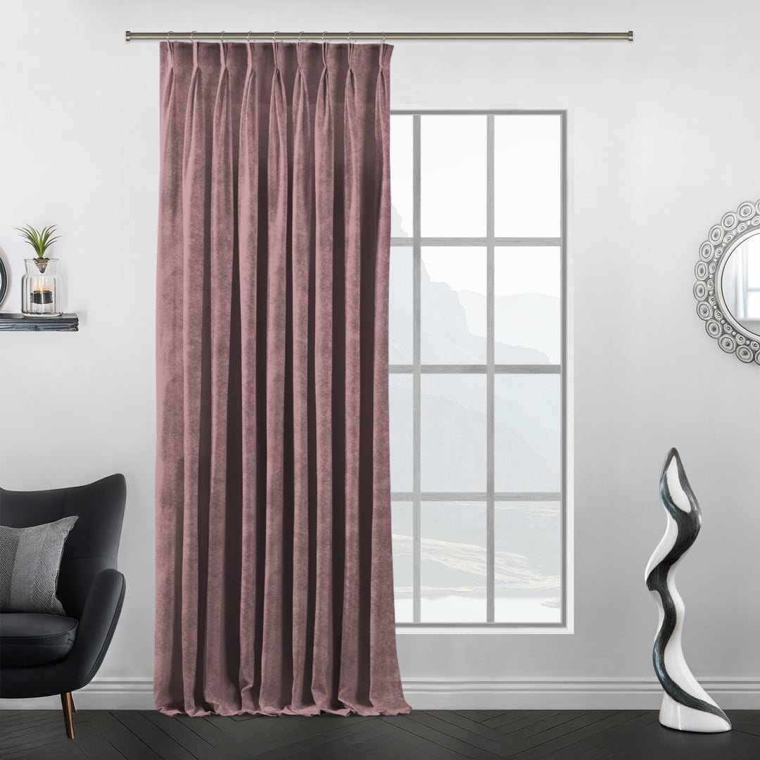 Raspberry matte velvet pinch pleat curtain with deep folds, extra‑long drape, extra‑wide fullness, soft matte velvet flow.