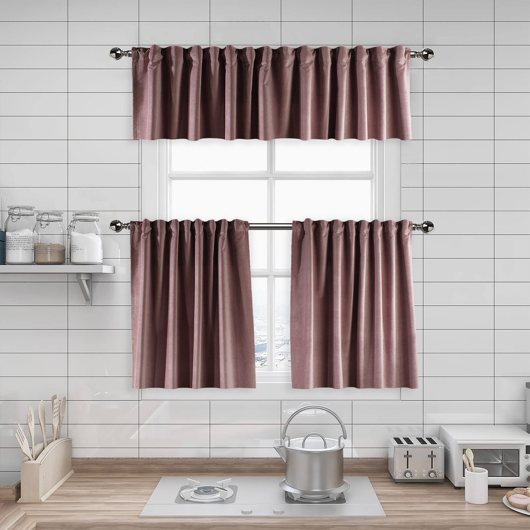 A made to measure kitchen valance in soft raspberry‑pink matte velvet, shown with a smooth plush texture and neatly structured edges for a refined elegant finish