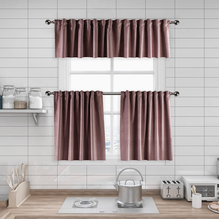 A made to measure kitchen valance in soft raspberry‑pink matte velvet, shown with a smooth plush texture and neatly structured edges for a refined elegant finish