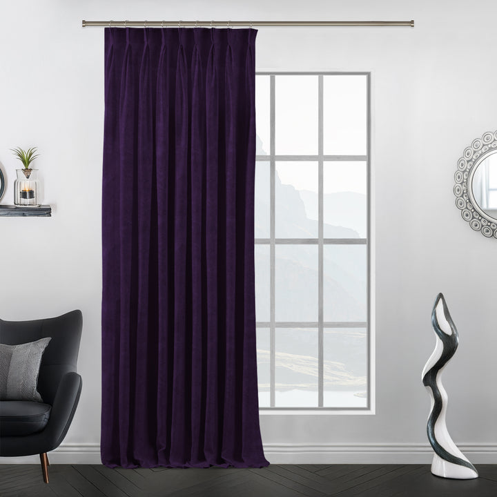 Custom pinch pleat velvet curtain featuring structured folds and premium matte drape