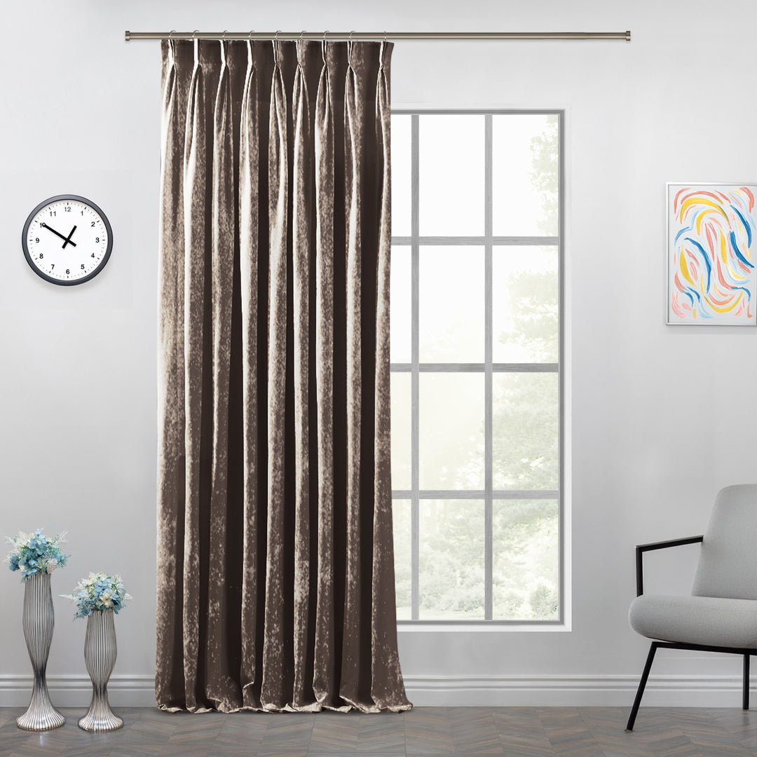 Rice shiny velvet pinch pleat curtain offering deep structured folds and a refined full‑length fall.