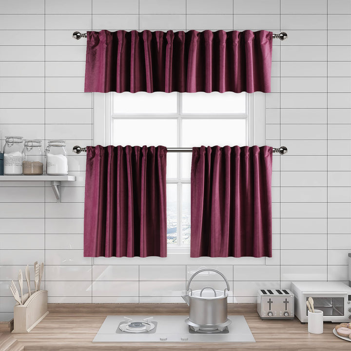 A made to measure kitchen valance in soft rose‑pink matte velvet, featuring a velvety surface and crisp seams for a gentle elegant appearance