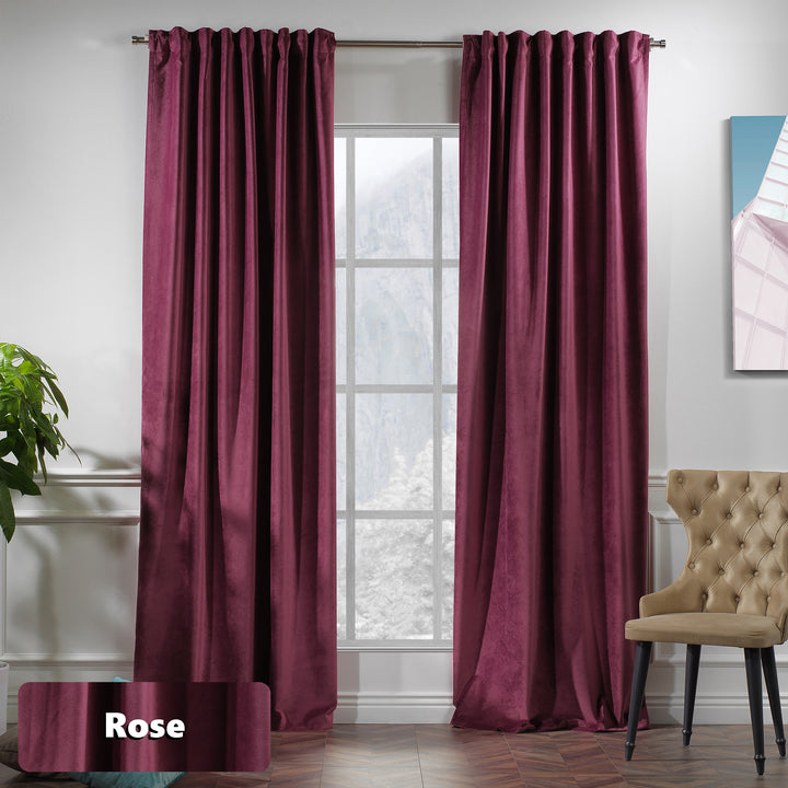 Rose matte velvet extra‑long extra‑wide curtain with soft dusty‑rose tone and smooth matte drape.