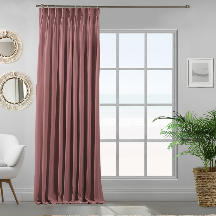 Pinch pleated single rose pink velour curtain panel showing soft drape and premium matte texture, made to measure 