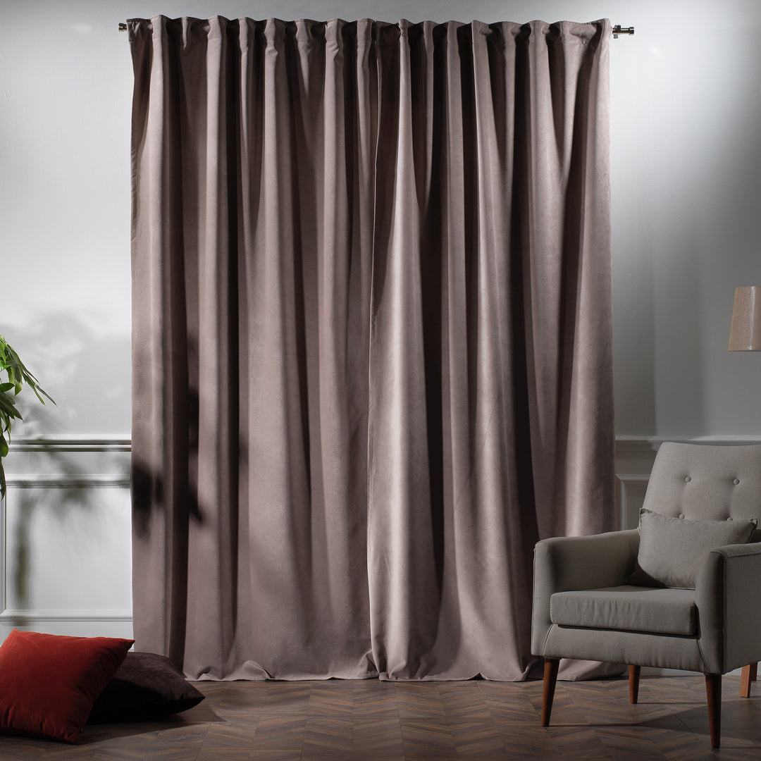 Made to measure rose taupe matte velvet curtain featuring a soft smooth drape and muted velvety texture, offering gentle light reduction and a warm sophisticated look, highlighting its elegant rose‑taupe tone and premium modern velvet finish.