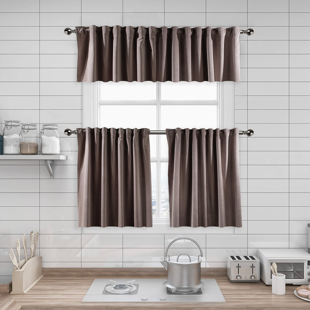 A made to measure kitchen valance in muted rose‑taupe matte velvet, featuring a velvety surface and crisp seams for a soft elegant appearance