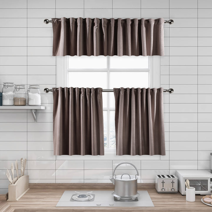 A made to measure kitchen valance in muted rose‑taupe matte velvet, featuring a velvety surface and crisp seams for a soft elegant appearance