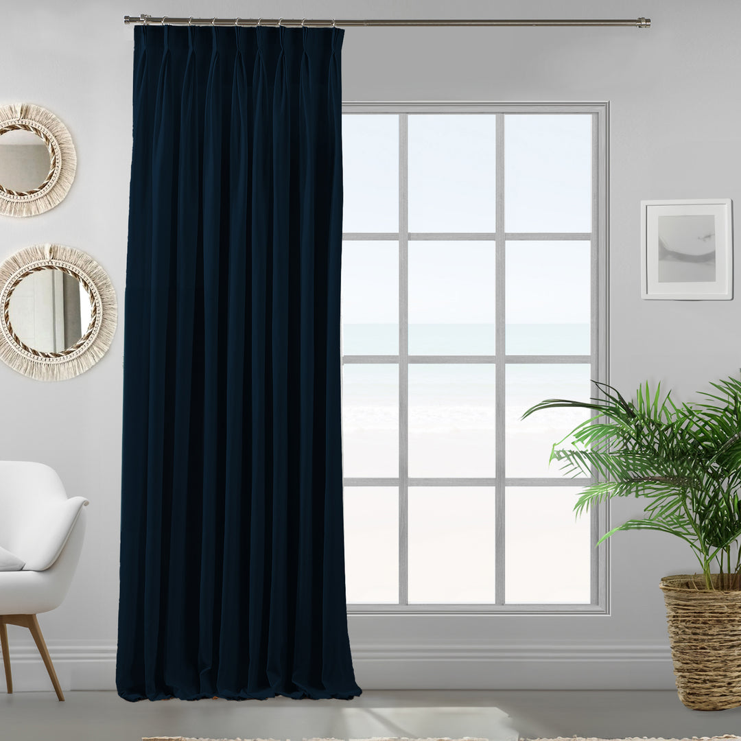 Pinch pleated a single royal blue velour curtain panel showing soft drape and premium matte texture, made to measure 