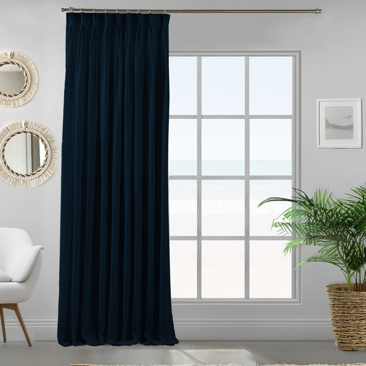Pinch pleated a single royal blue velour curtain panel showing soft drape and premium matte texture, made to measure 