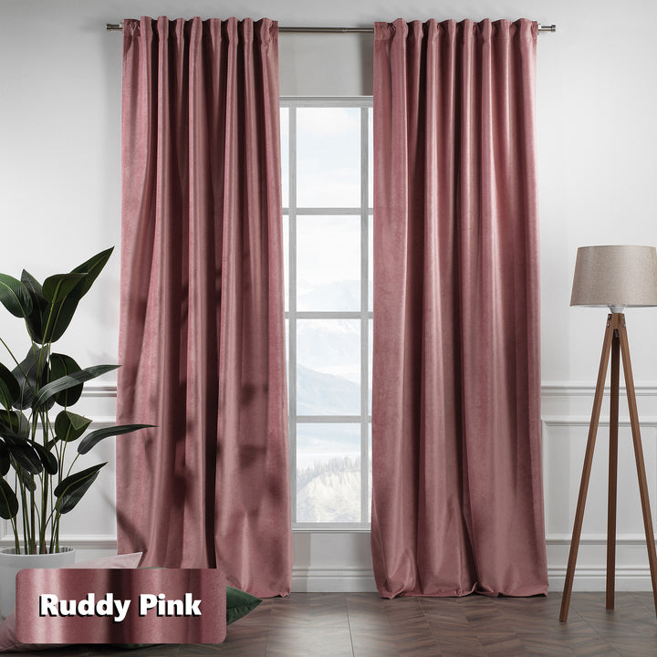 Pair of extra‑wide extra‑long ruddy pink matte velvet curtains, smooth matte finish, tailored made‑to‑measure fit.