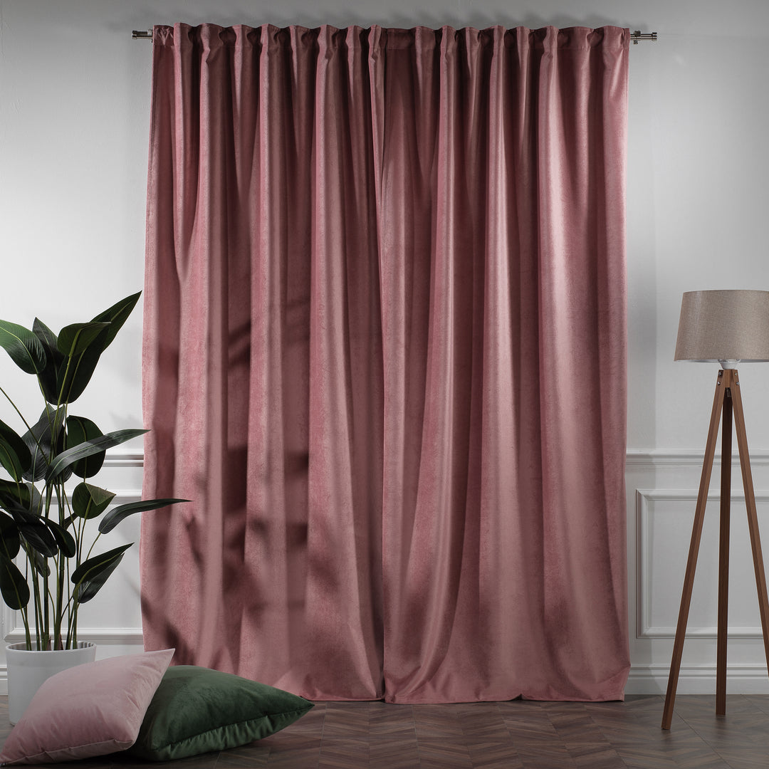 Top header detail of ruddy pink matte velvet curtain, structured finish, extra‑long drop and extra‑wide width.