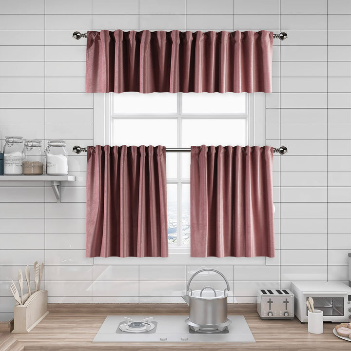 A made to measure kitchen valance in warm dusty‑pink matte velvet, featuring a velvety surface and clean tailored seams for a soft premium appearance
