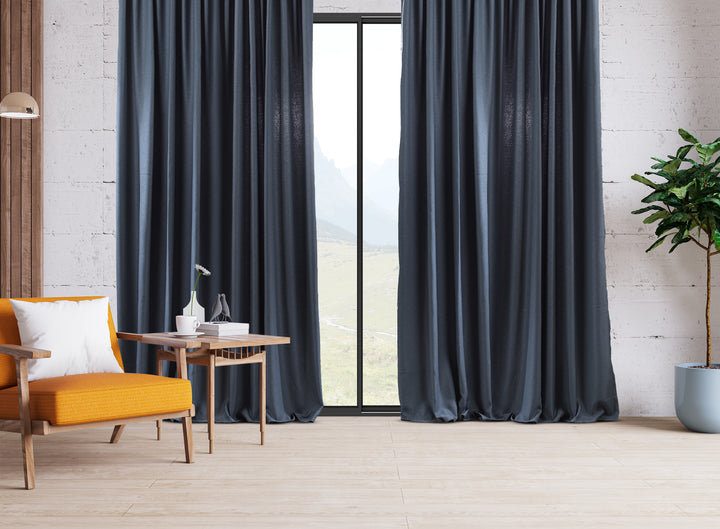  An extra‑long wide linen‑look door curtain in sky blue, displaying airy woven texture, gentle daylight softness and a premium flowing finish