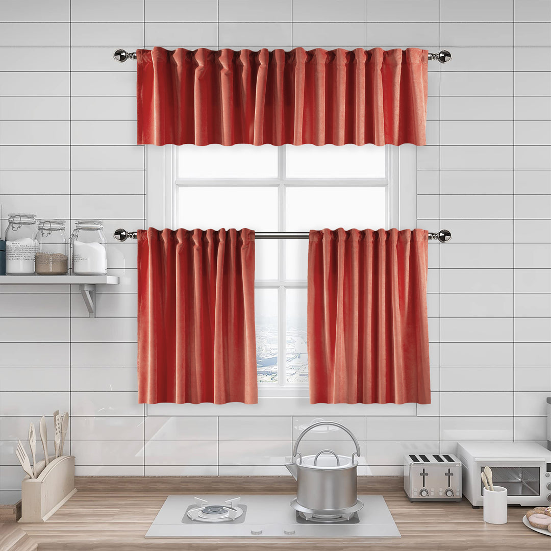 made to measure kitchen valance in soft salmon‑pink matte velvet, shown with a smooth plush texture and crisp edges for a delicate warm finish