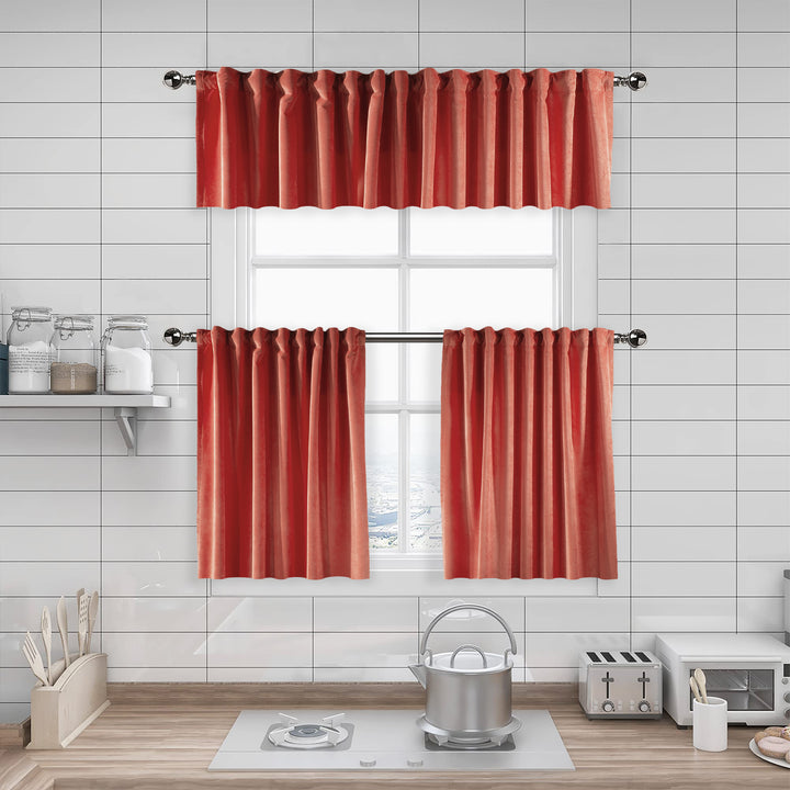 made to measure kitchen valance in soft salmon‑pink matte velvet, shown with a smooth plush texture and crisp edges for a delicate warm finish