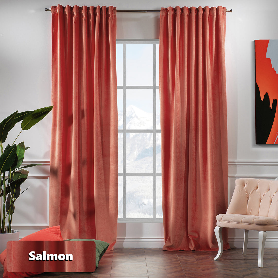 Salmon velvet eyelet curtain panel with relaxed, elegant fall.