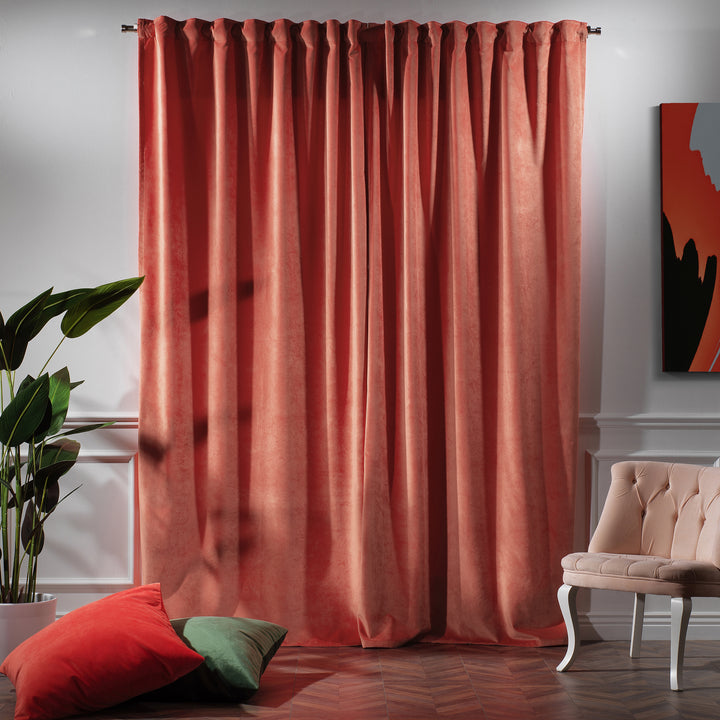 Peach velvet curtain panel offering gentle colour and full‑length fall.