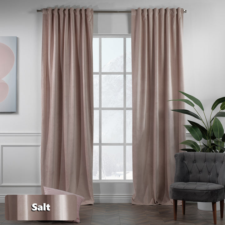 Made to measure salt matte velvet curtain featuring a soft smooth drape and muted velvety texture, offering gentle light reduction and a calm elegant look, highlighting its subtle salt‑white tone and premium modern velvet finish.