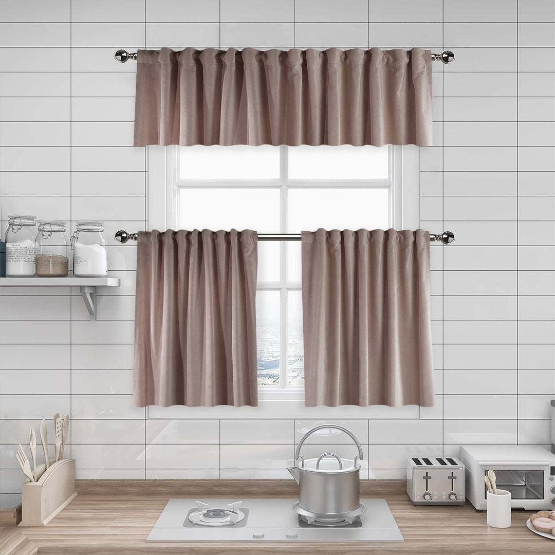 A made to measure kitchen valance in soft pale‑white matte velvet, shown with a smooth plush texture and crisp refined edges for a clean modern appearance