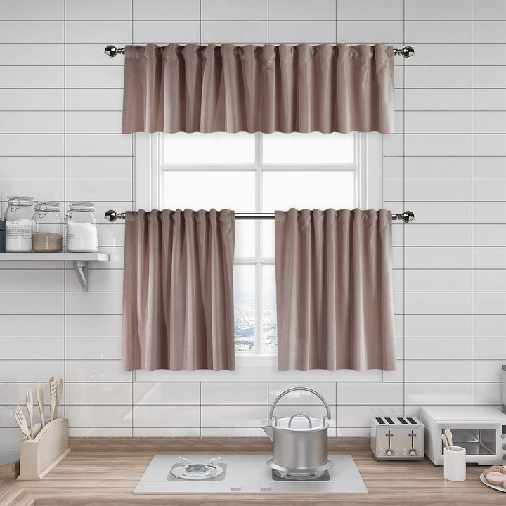 A made to measure kitchen valance in soft pale‑white matte velvet, shown with a smooth plush texture and crisp refined edges for a clean modern appearance