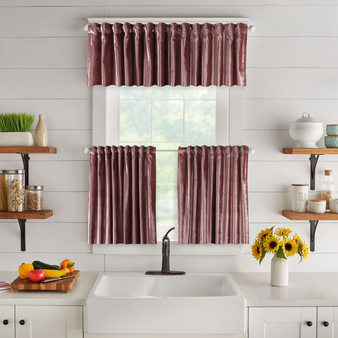 A made to measure  valance in deep sangria‑red shiny velvet, shown with a reflective velvety surface and crisp structured edges for a rich sophisticated finish