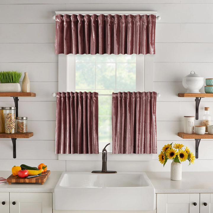 A made to measure  valance in deep sangria‑red shiny velvet, shown with a reflective velvety surface and crisp structured edges for a rich sophisticated finish