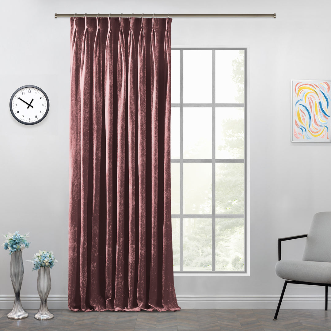 Custom shiny velvet pinch pleat curtain featuring reflective pleats and a smooth, flowing silhouette.