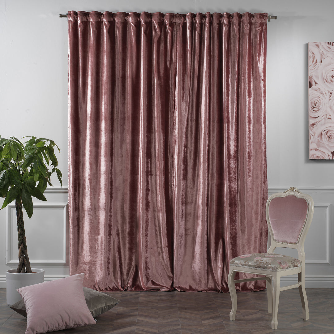 Shiny velvet made‑to‑measure curtain with a glossy reflective surface and long, fluid drape