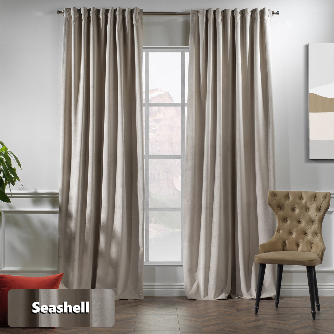 Made to measure seashell matte velvet curtain featuring a soft smooth drape and muted velvety texture, offering gentle light reduction and a warm elegant look, highlighting its subtle seashell tone and premium modern velvet finish.
