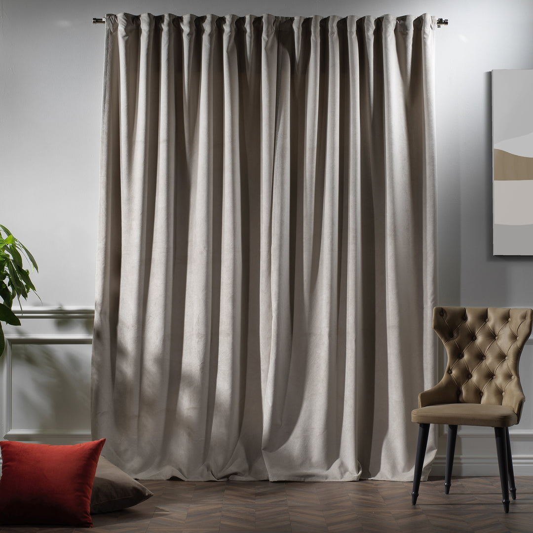 Made to measure seashell matte velvet curtain featuring a soft smooth drape and muted velvety texture, offering gentle light reduction and a warm elegant look, highlighting its subtle seashell tone and premium modern velvet finish.