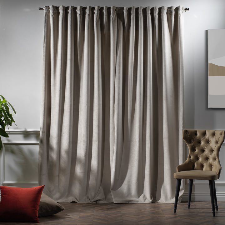 Made to measure seashell matte velvet curtain featuring a soft smooth drape and muted velvety texture, offering gentle light reduction and a warm elegant look, highlighting its subtle seashell tone and premium modern velvet finish.