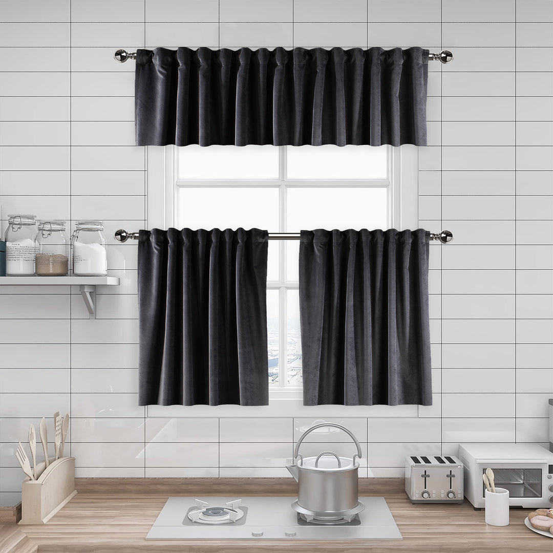 A made to measure kitchen valance in soft shadow‑grey matte velvet, featuring a velvety surface and crisp seams for a calm contemporary look