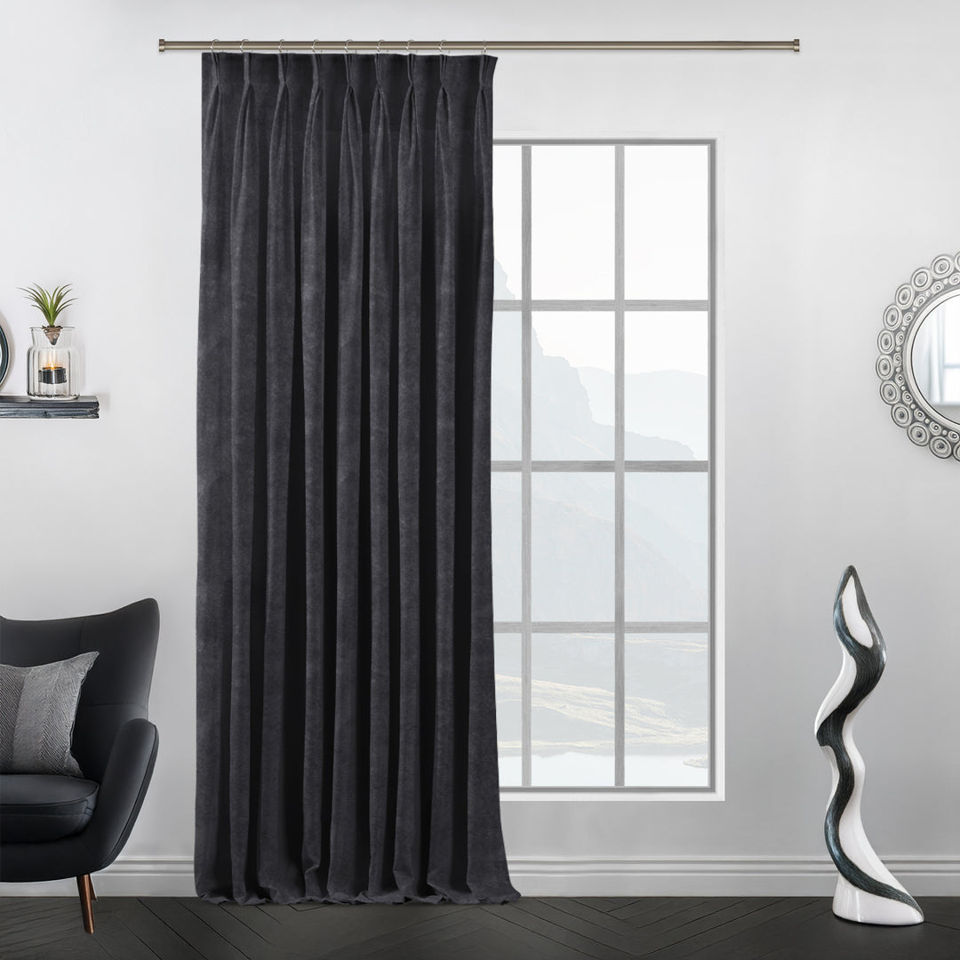 Tailored pinch pleat  shadow matte velvet panel with crisp pleats and a smooth, weighty texture