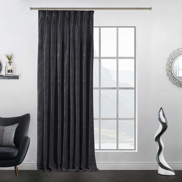 Tailored pinch pleat  shadow matte velvet panel with crisp pleats and a smooth, weighty texture