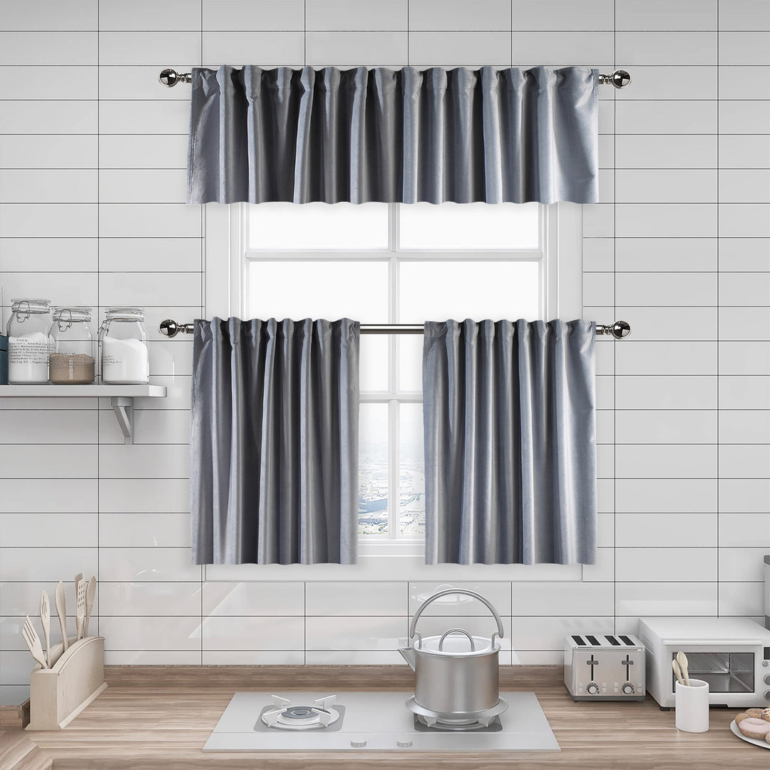 A made to measure kitchen valance in soft silver‑grey matte velvet, featuring a velvety surface and clean seams for a light elegant finish