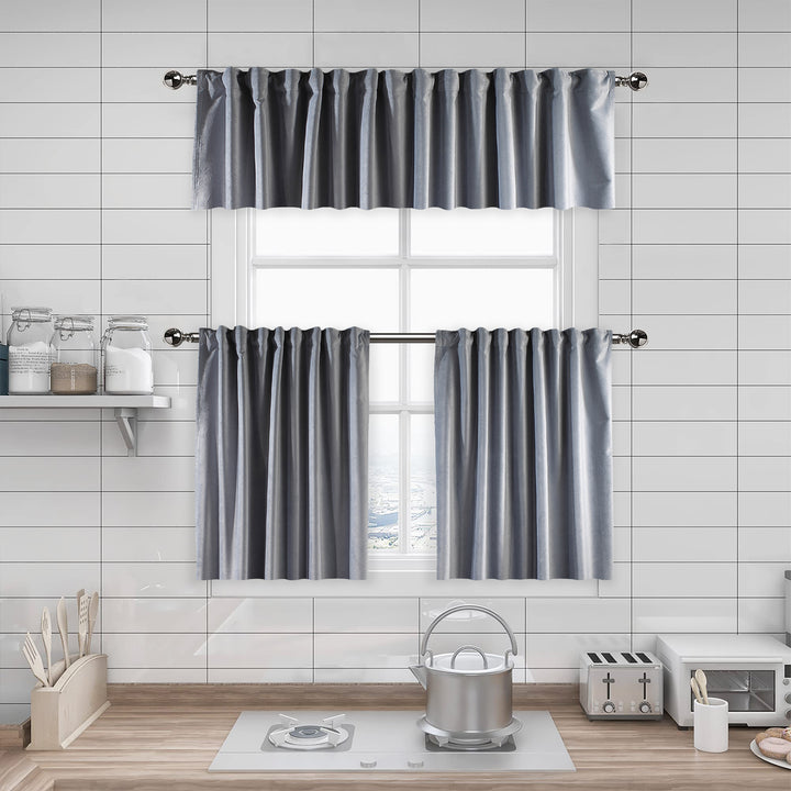 A made to measure kitchen valance in soft silver‑grey matte velvet, featuring a velvety surface and clean seams for a light elegant finish