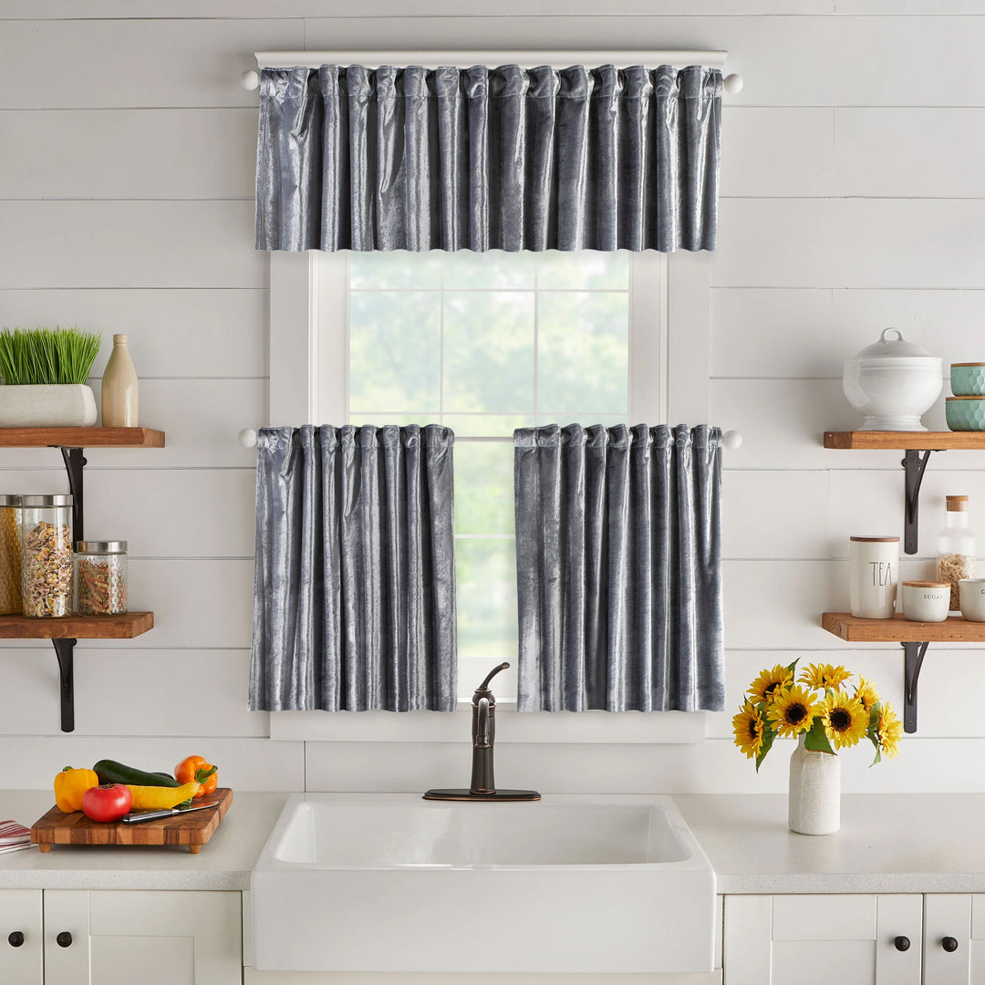 A made to measure valance in light silver‑grey shiny velvet, shown with a glossy plush texture and neatly tailored edges for a bright elegant finish