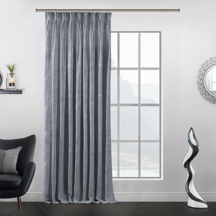 Extra‑wide silver matte velvet pinch pleat curtain with deep, uniform folds and a luxury handcrafted look.