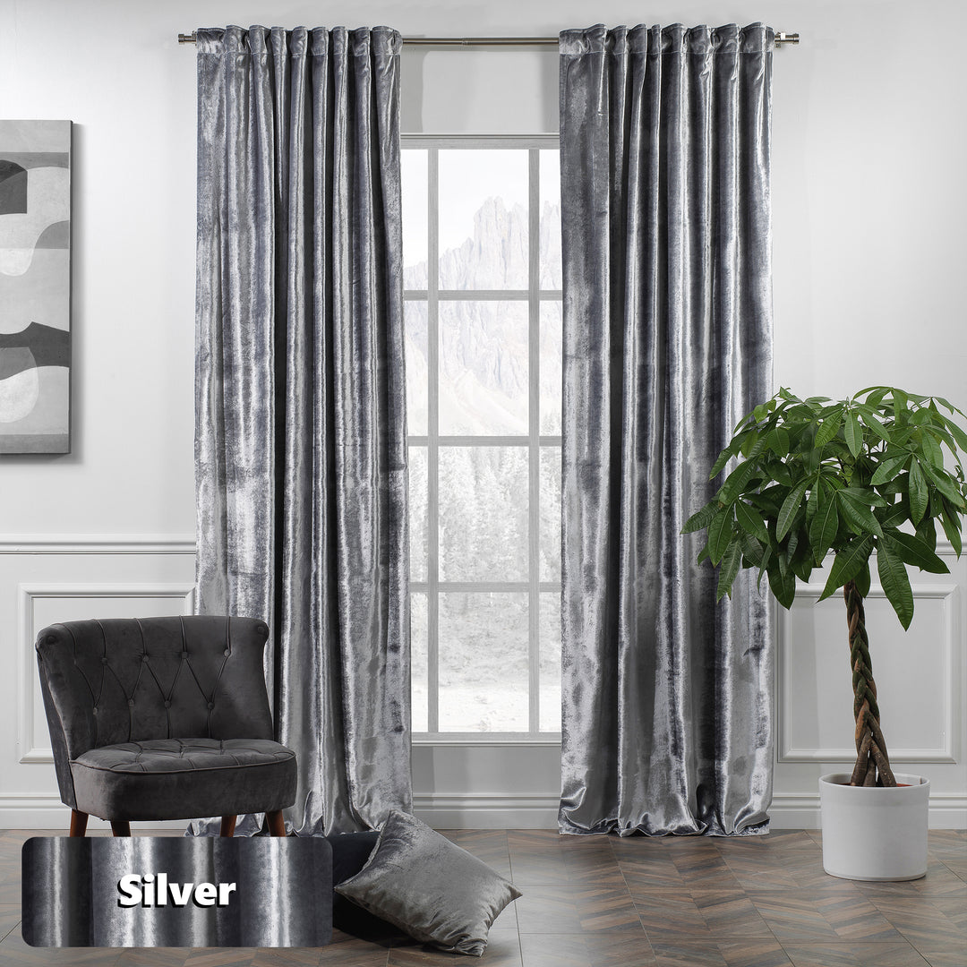 Made‑to‑measure shiny velvet eyelet curtain with radiant sheen and clean modern silhouette