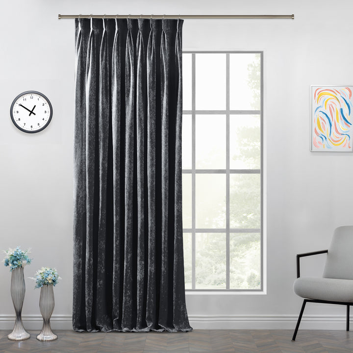 Custom‑fit shiny velvet pinch pleat curtain featuring a polished texture and precise pleating.