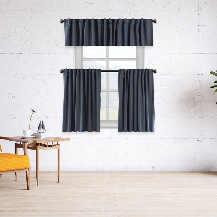 A made to measure kitchen valance in soft sky‑blue velour, shown with a smooth lightweight texture and clean seams for a fresh elegant appearance