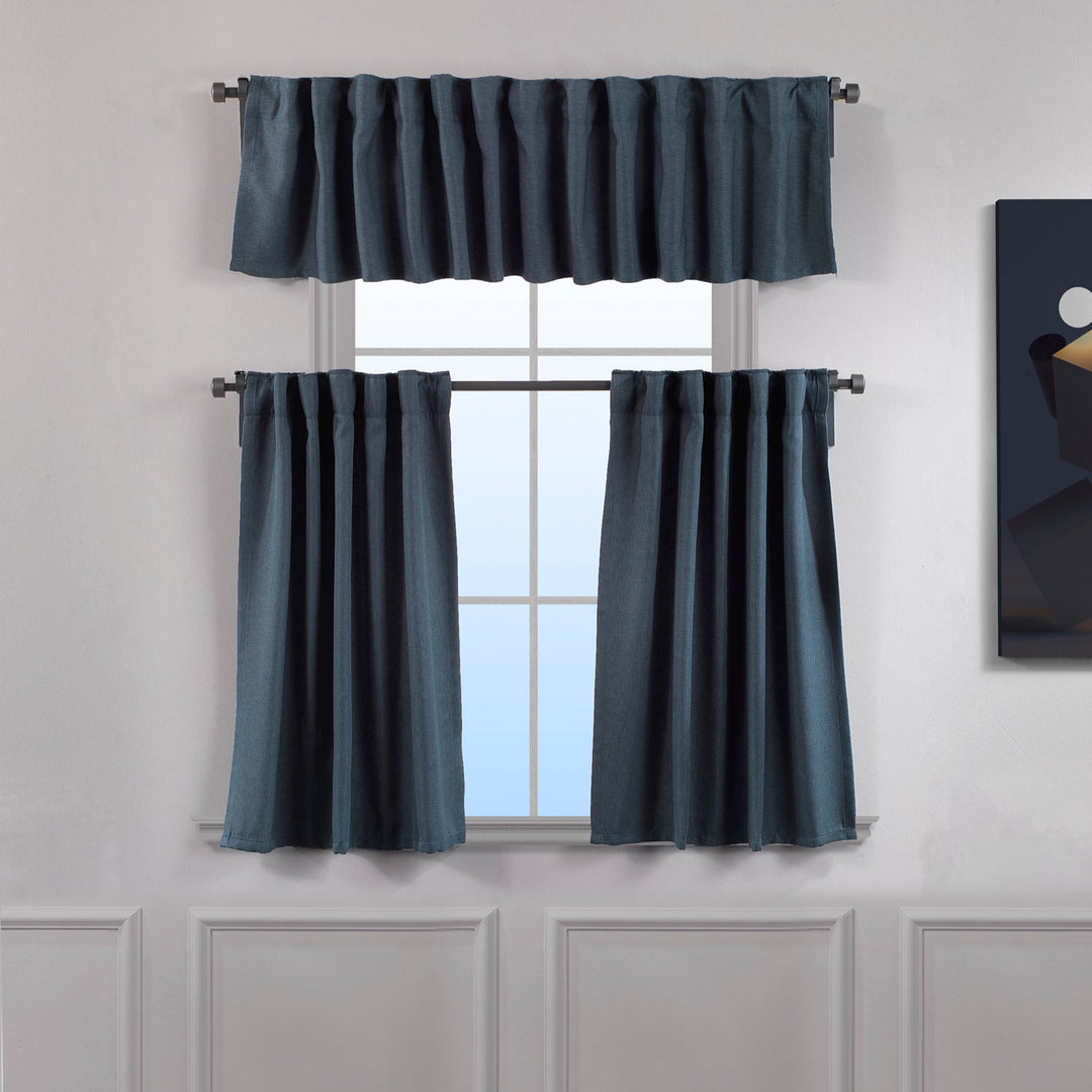 Sky blue linen‑look valance with textured weave, soft daylight filtering and lightweight drape.