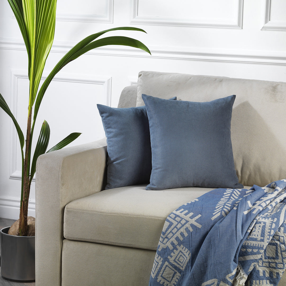 A made to measure cushion cover in soft sky‑blue velour, featuring a smooth lightweight texture and refined seams for a fresh modern appearance
