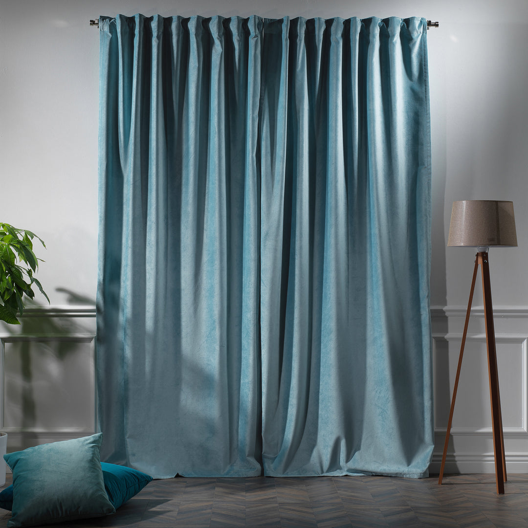 Matte velvet curtain panel crafted to measure, featuring a long, uninterrupted fall